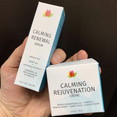 Reviva Labs' Calming Renewal Serum and Calming Rejuvenation Creme in my hand